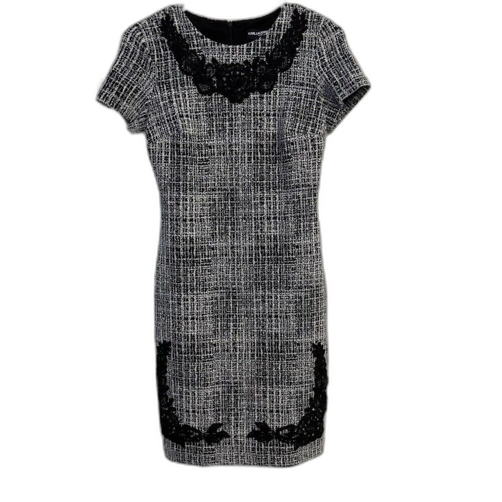 Karl Lagerfeld Paris Black White Tweed Sheath Dress With Lace Applique Size 0